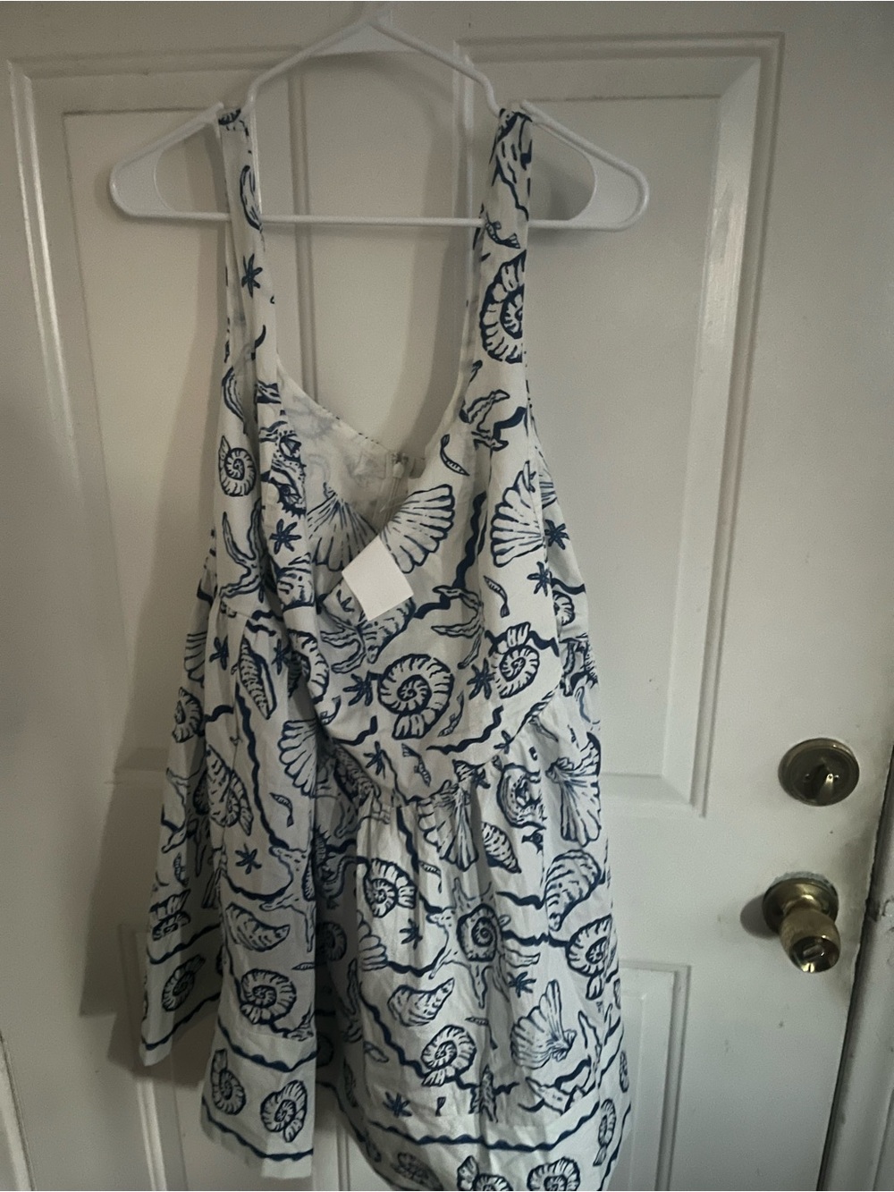 White Sundress with Navy Shell Print